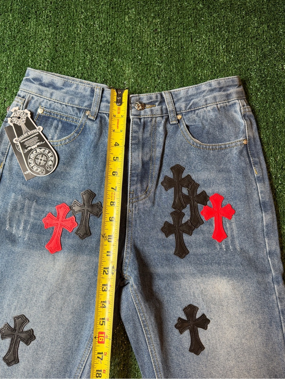 Straight Men’s Denim Jeans with Red & Black Cross Patches - Picture 8 of 12